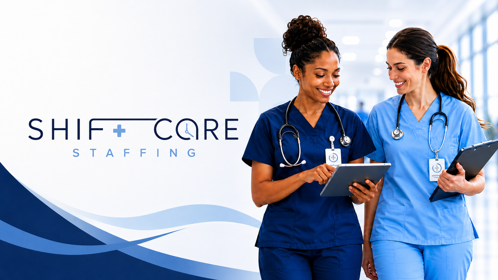 Two healthcare professionals walking in a clinical facility